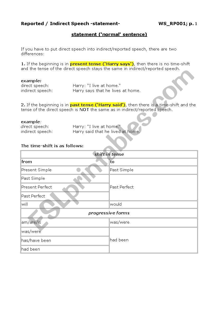 Reported Speech -statements- worksheet