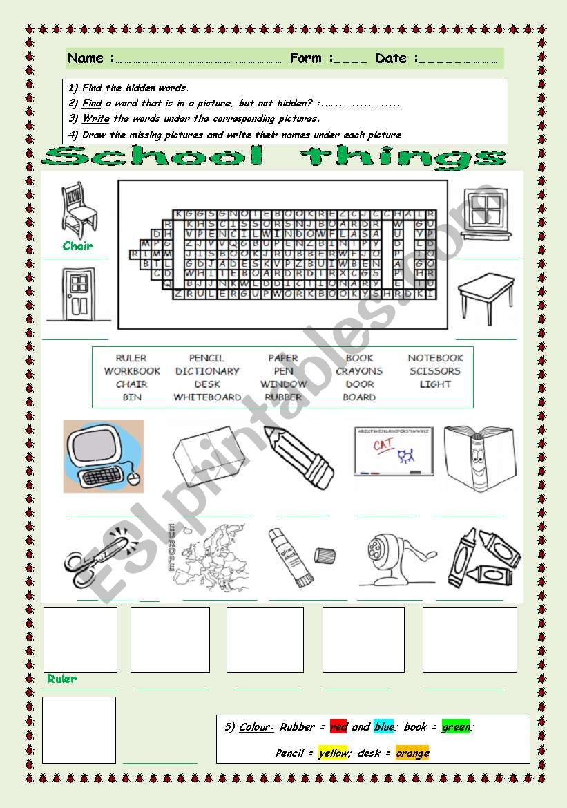 School things word search worksheet