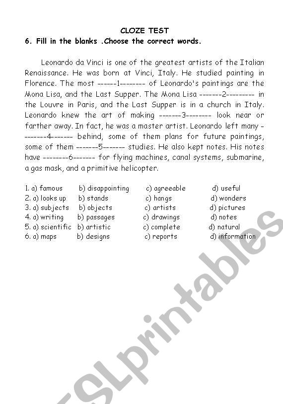 Cloze text  worksheet