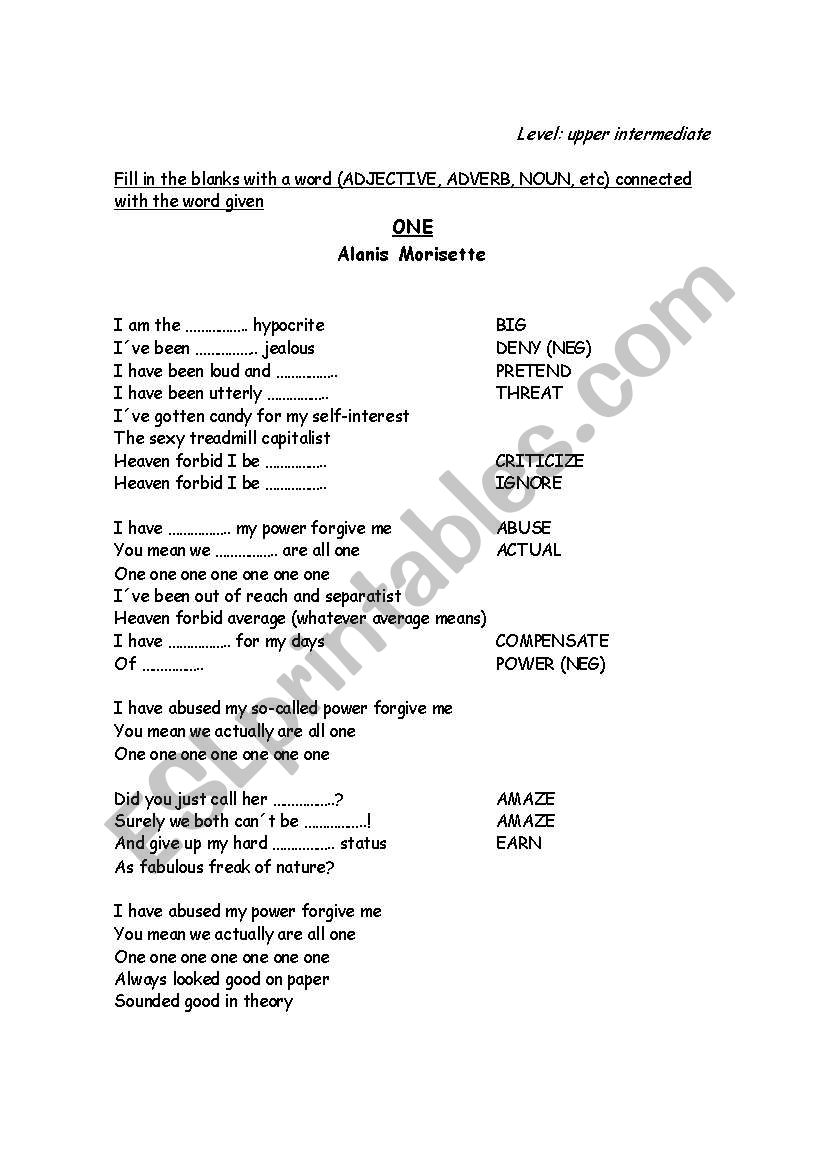 song: ONE Alanis Morisette worksheet