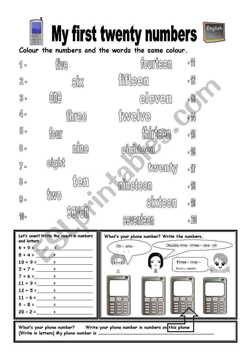 numbers from 1 to 20 and phone numbers