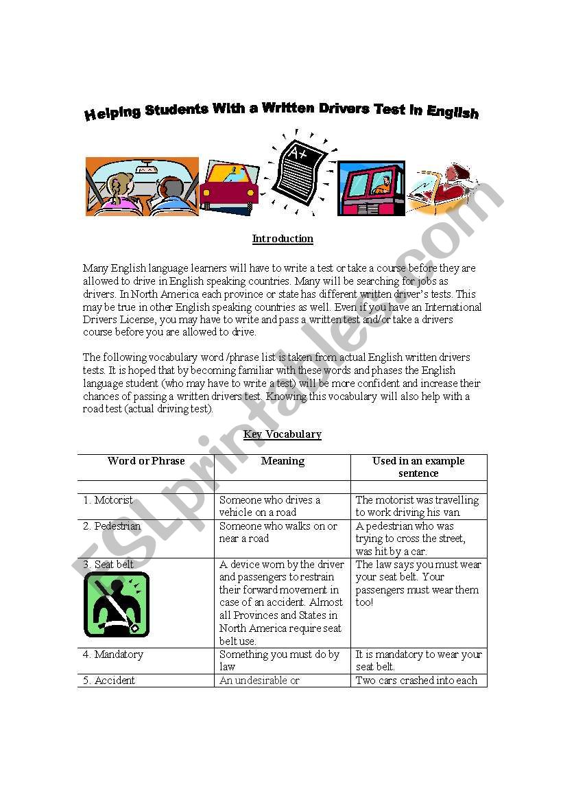 Helping Students with a Written Drivers Test in English - Key Vocabulary, Explanations, Examples, Exercises and Answer Keys