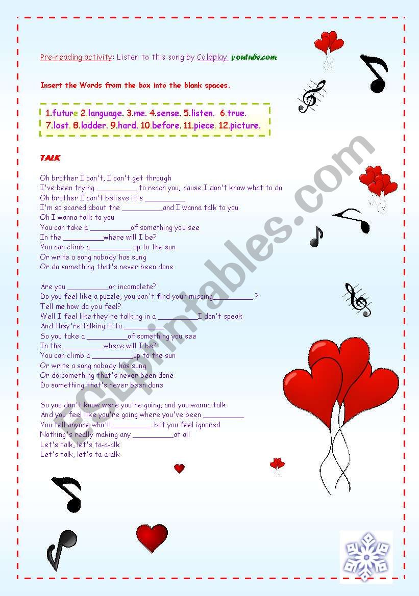 A SONG: TALK BY COLDPLAY worksheet