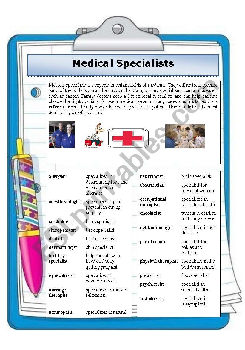 Medical Specialists worksheet