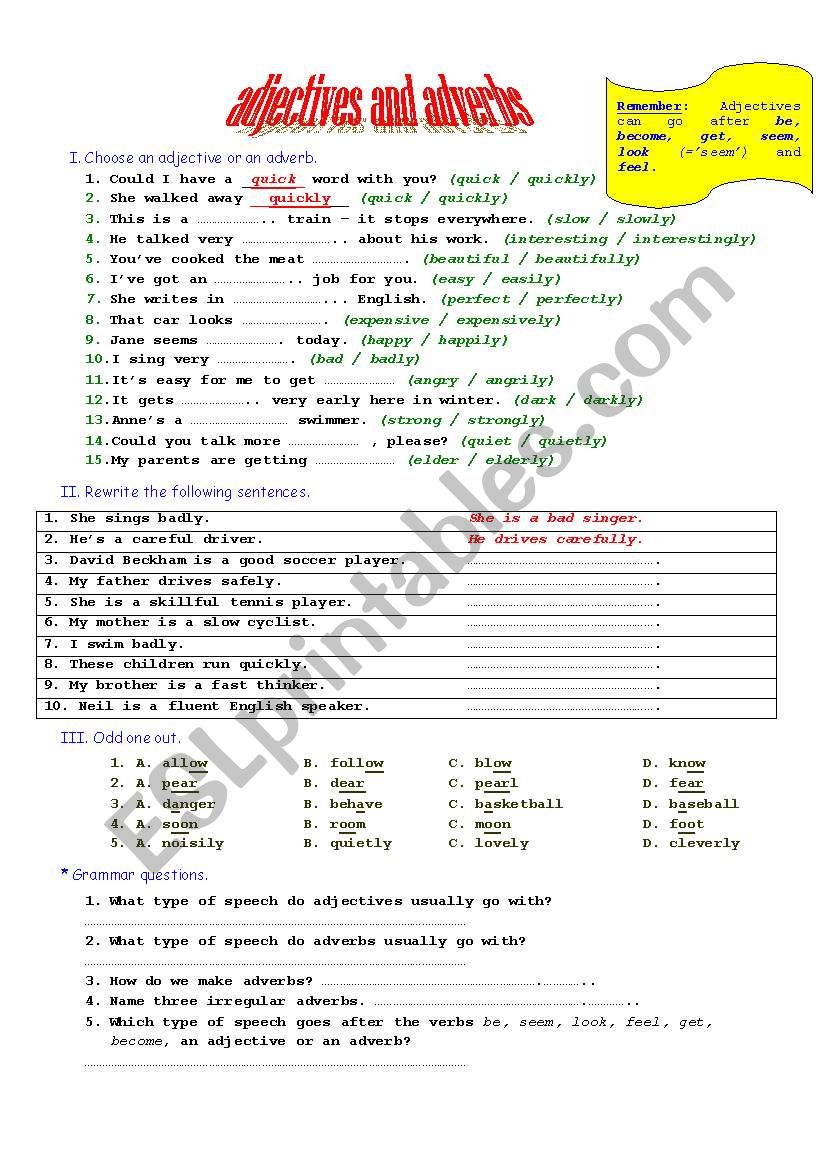 adjectives and adverbs worksheet