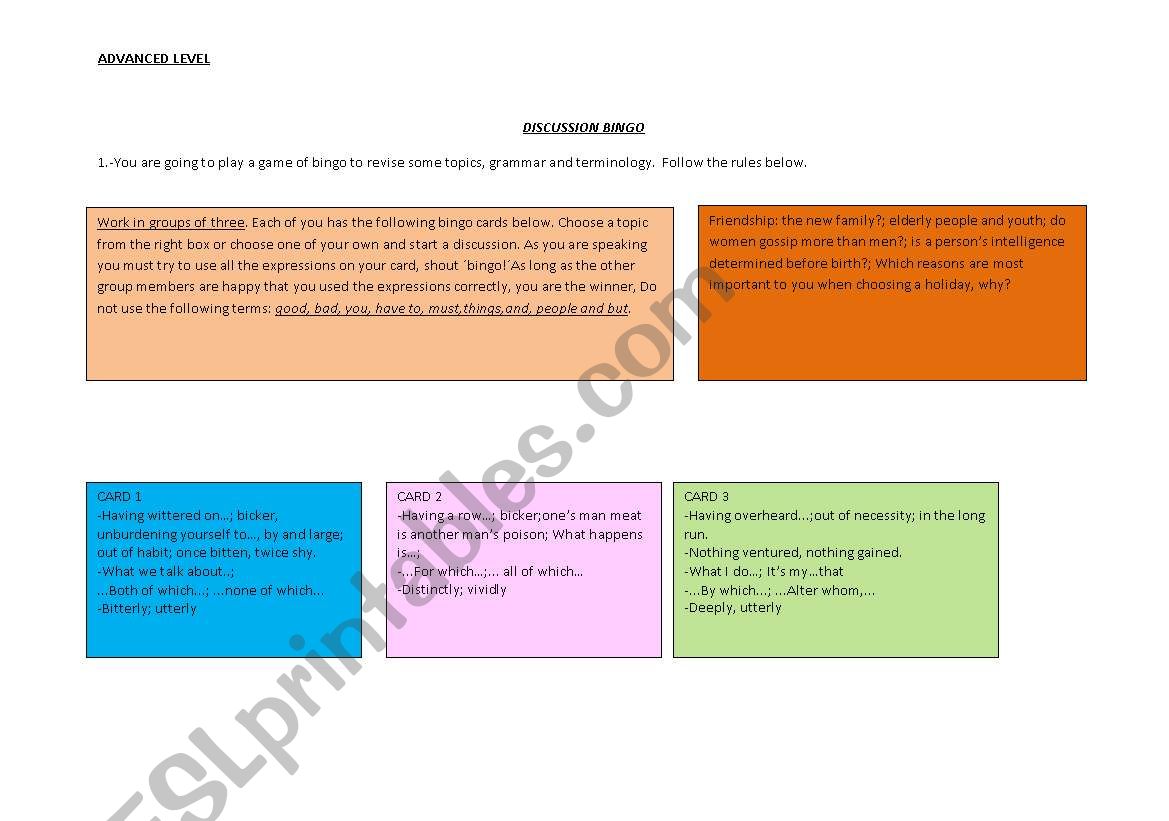 Discussion bingo worksheet