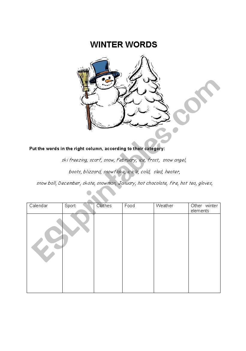 Winter Words worksheet