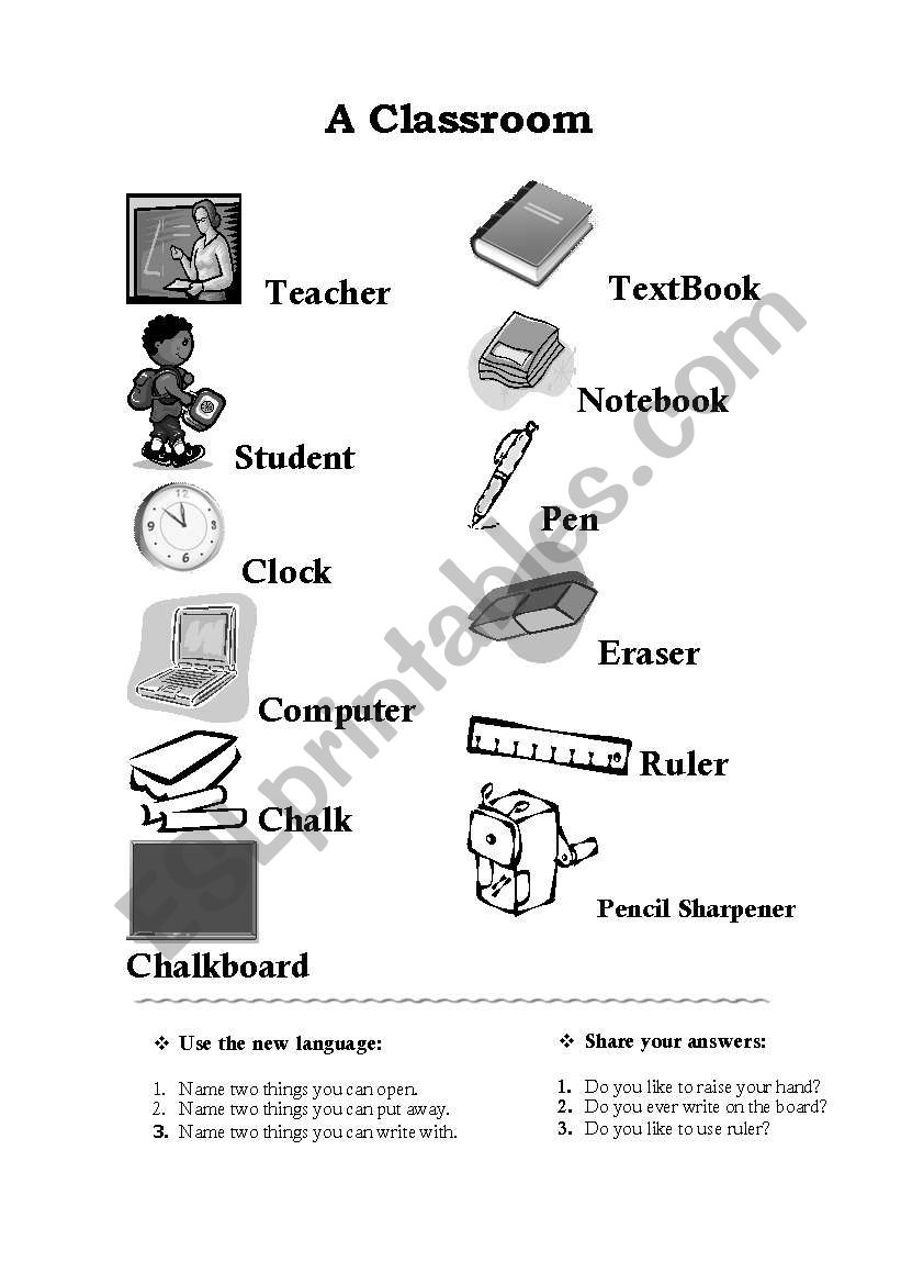 A CLASSROOM (THINGS, OBJECTS, WITH QUESTIONS TO ANSWER)