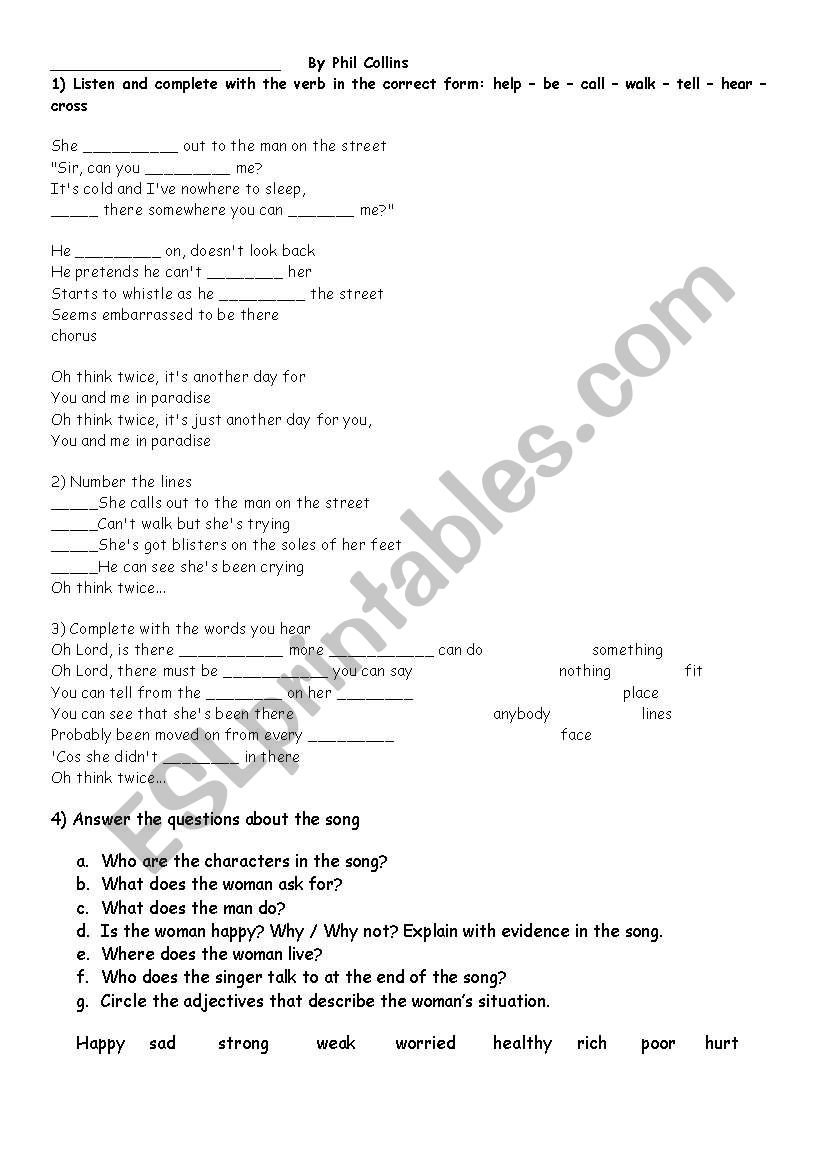 Song Worksheet: Another Day in Paradise (Personal and Object Pronouns)