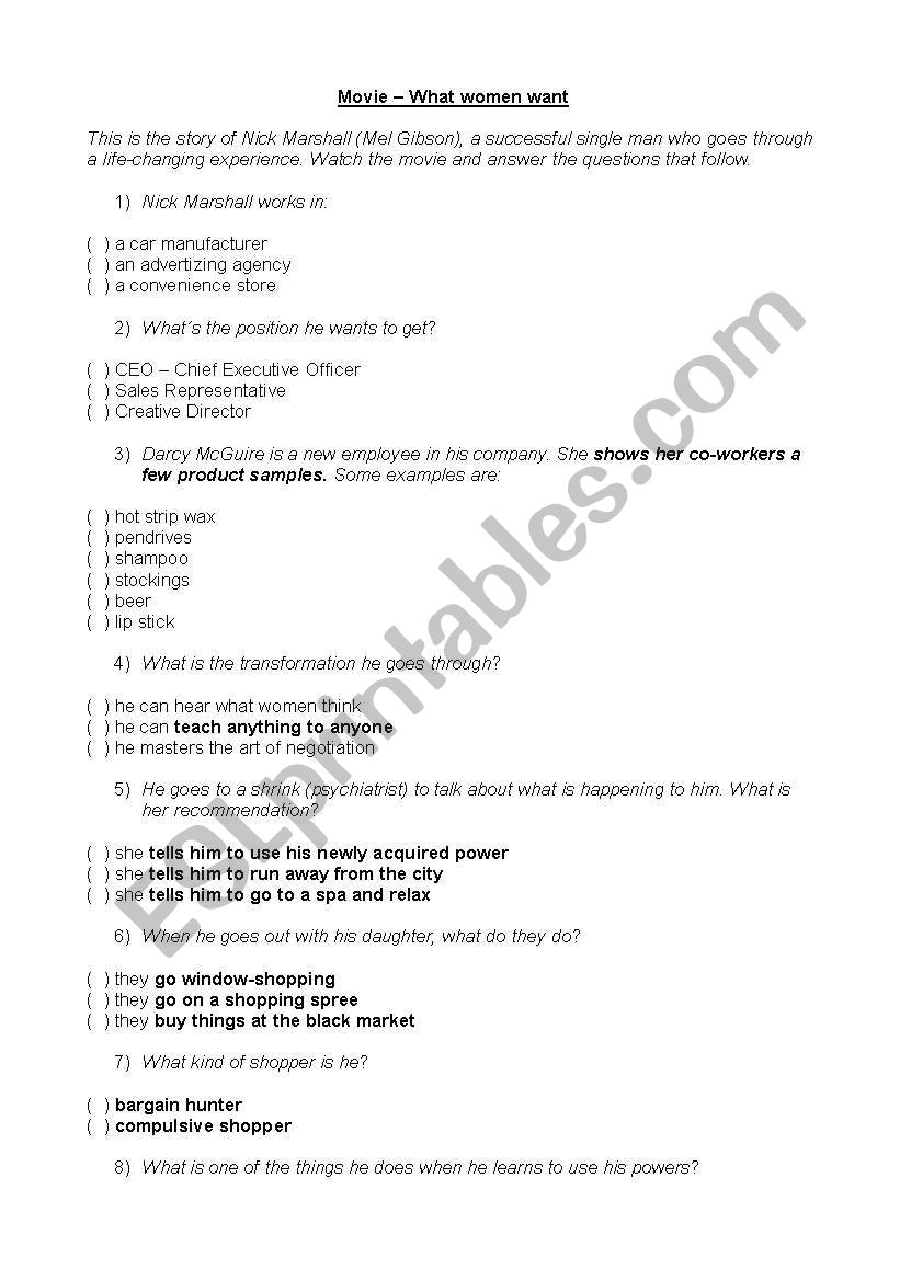 What women want worksheet