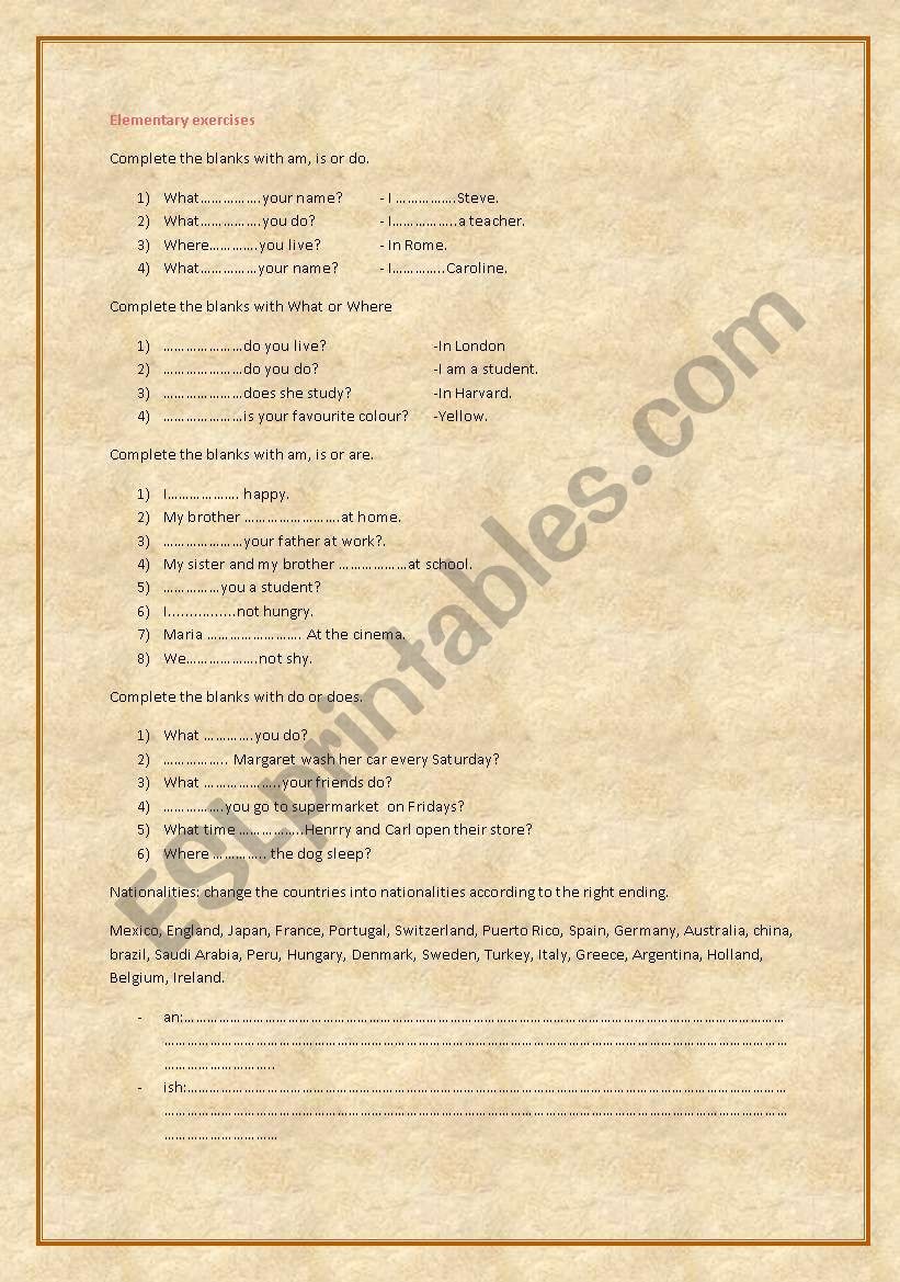 Elementary Exercises worksheet