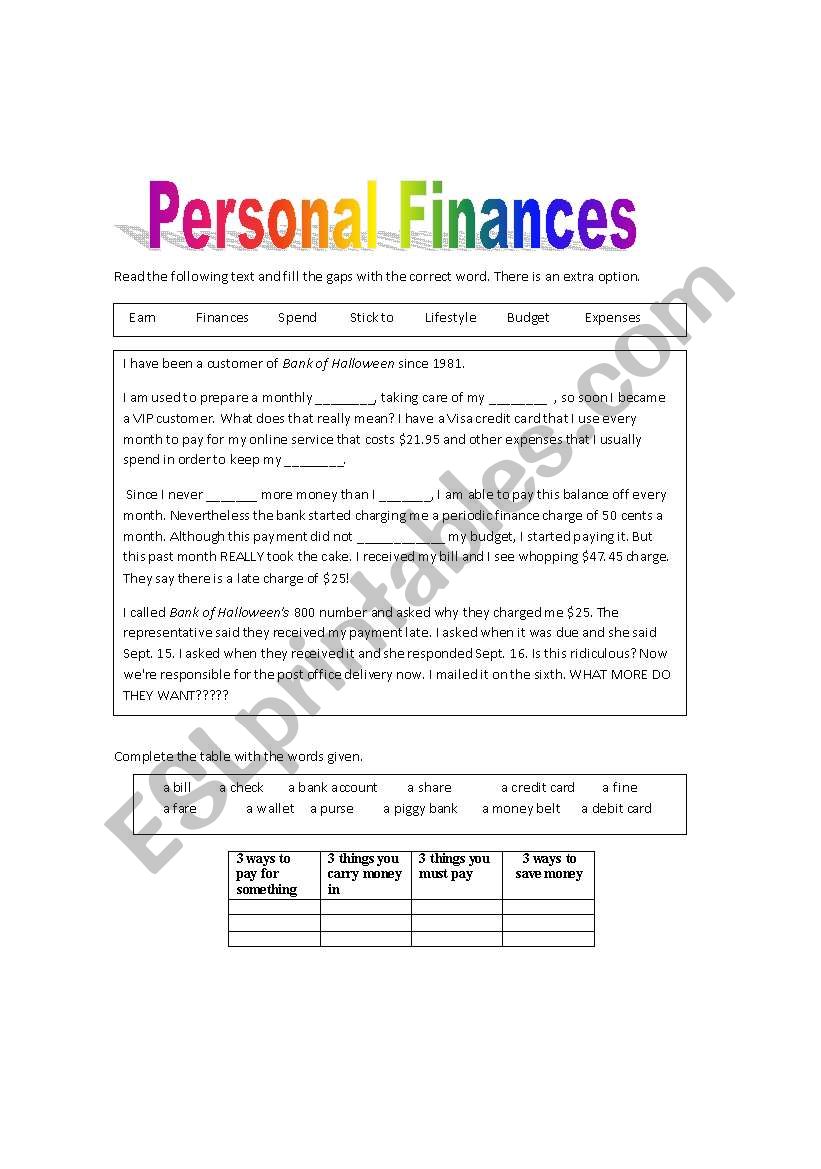 Personal Finances worksheet