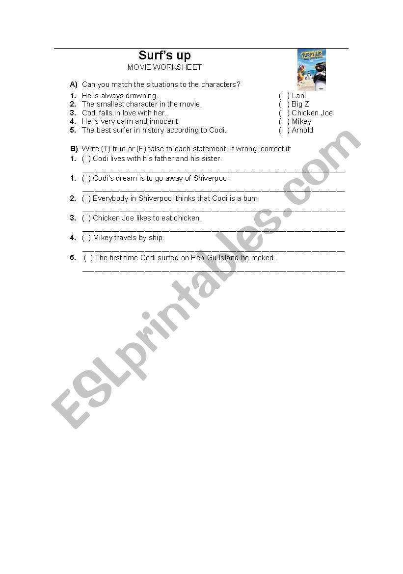 Surfs up - Movie worksheet worksheet