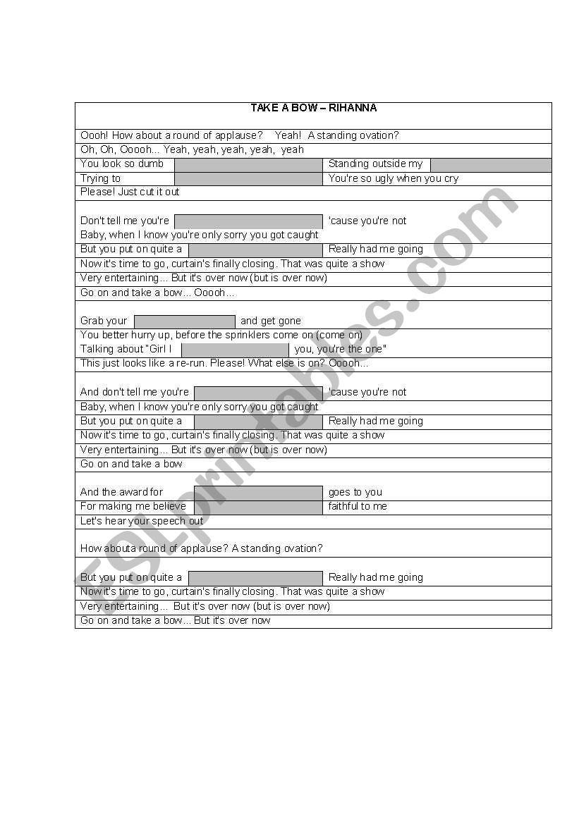 Take a bow - Rihanna worksheet