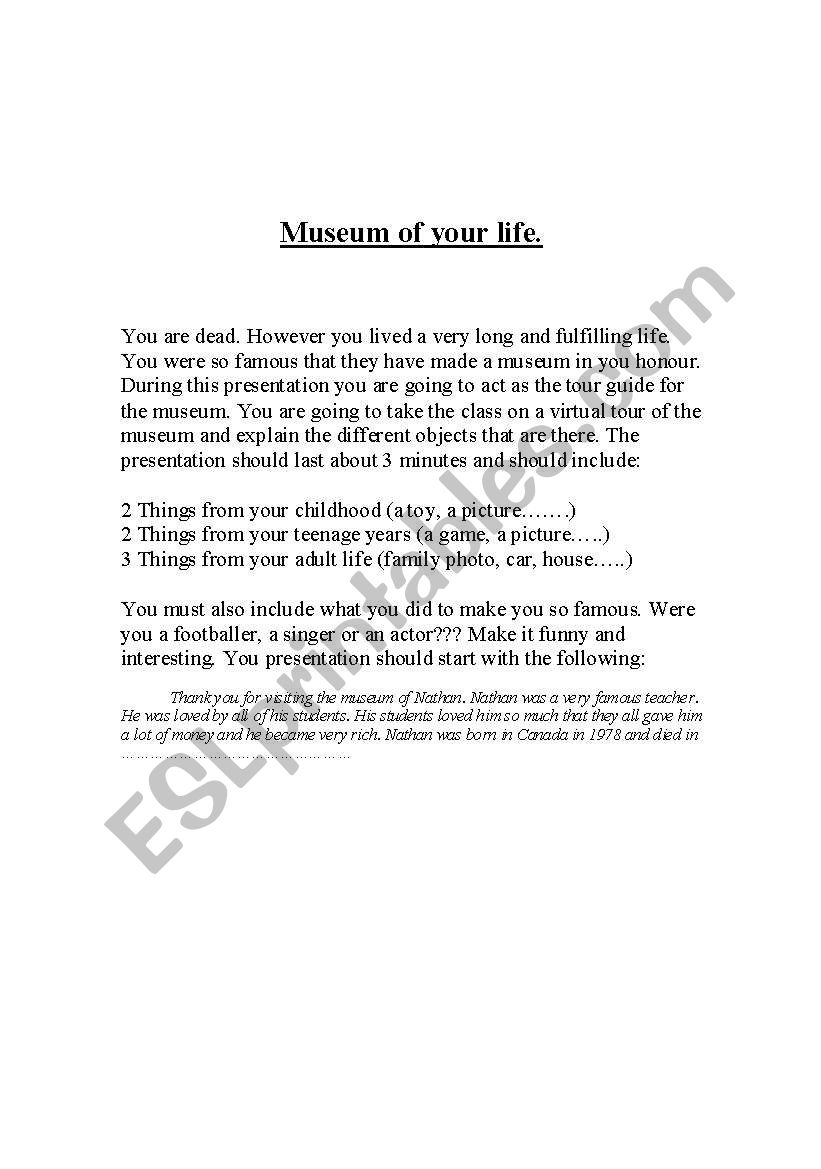 Museum of your life worksheet