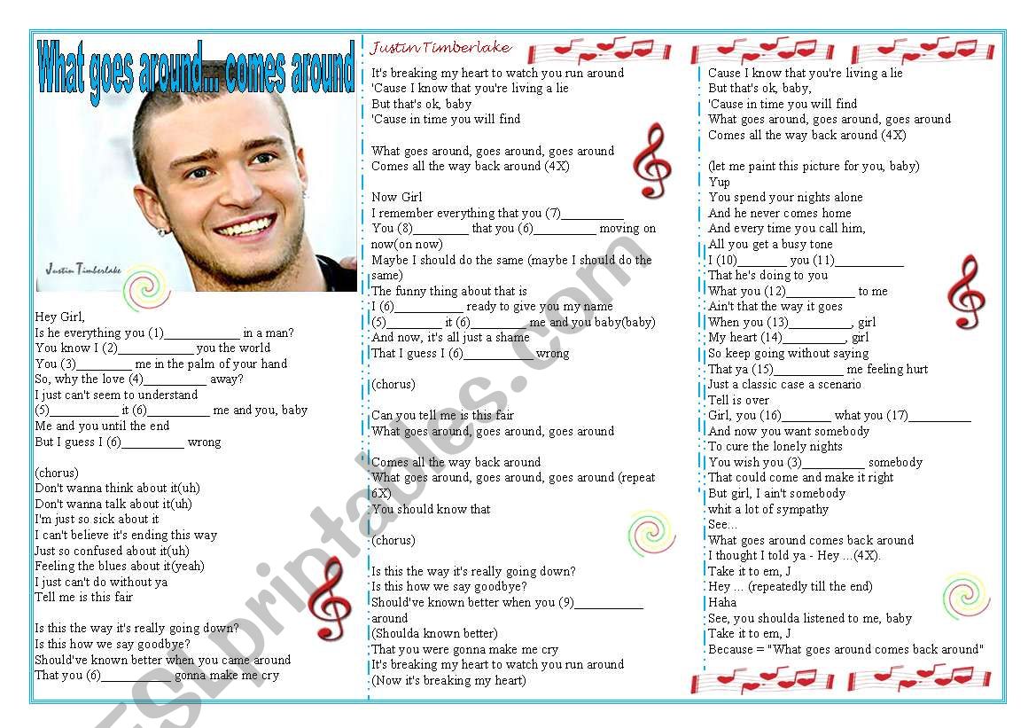 Song: What goes around... comes around (Justin Timberlake) - Past Simple Practice ((2 pages)) ***fully editable