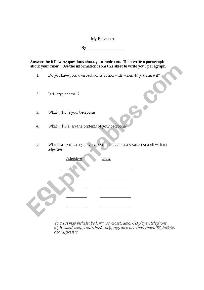 My Bedroom worksheet