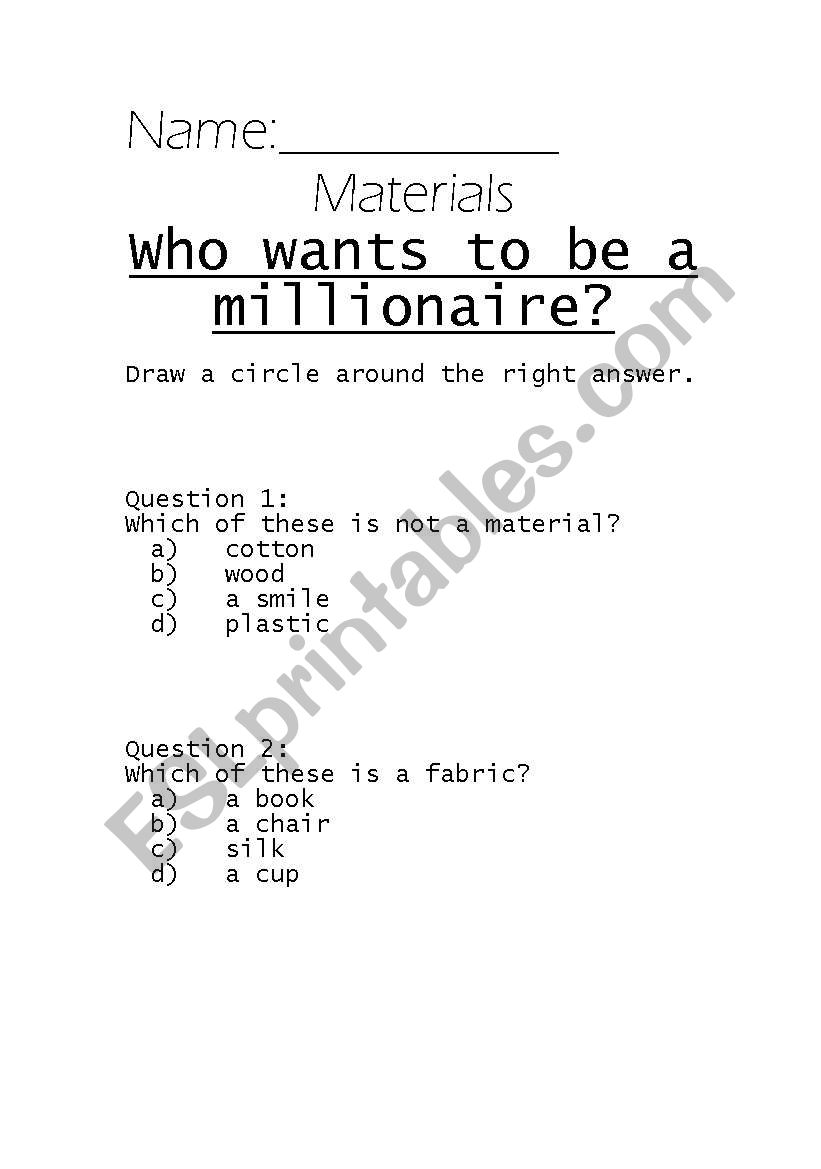 Who Wants to Be A millionaire? Materials.