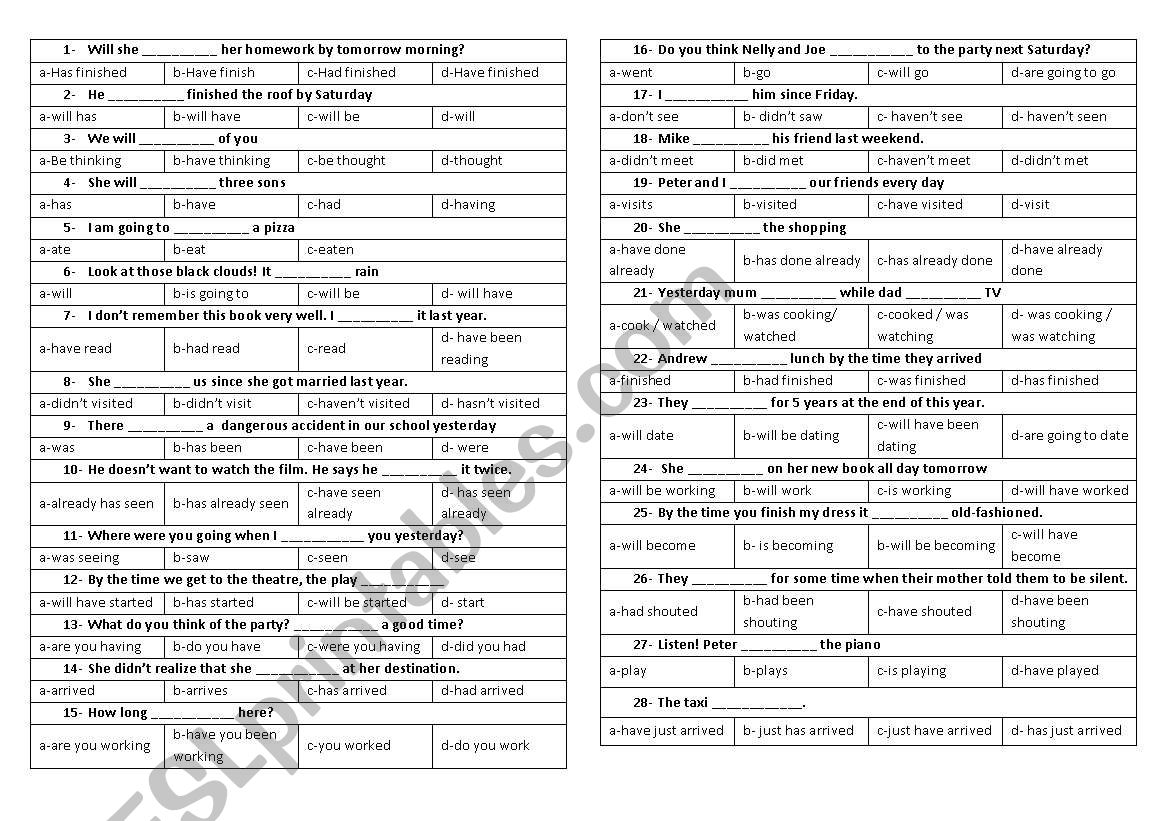 Verb Tenses - Multiple Choice Test