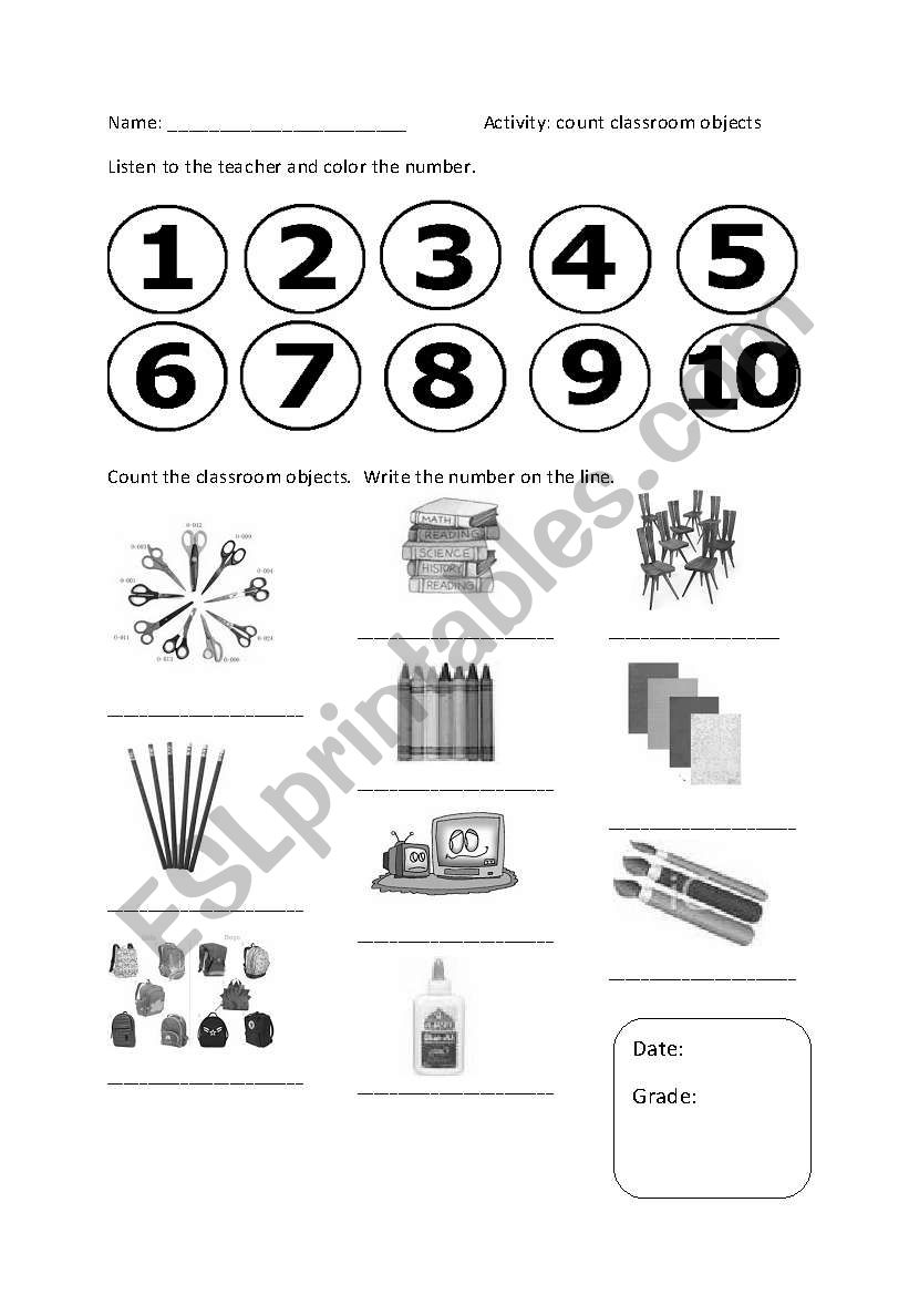 Count classroom objects to 10 worksheet