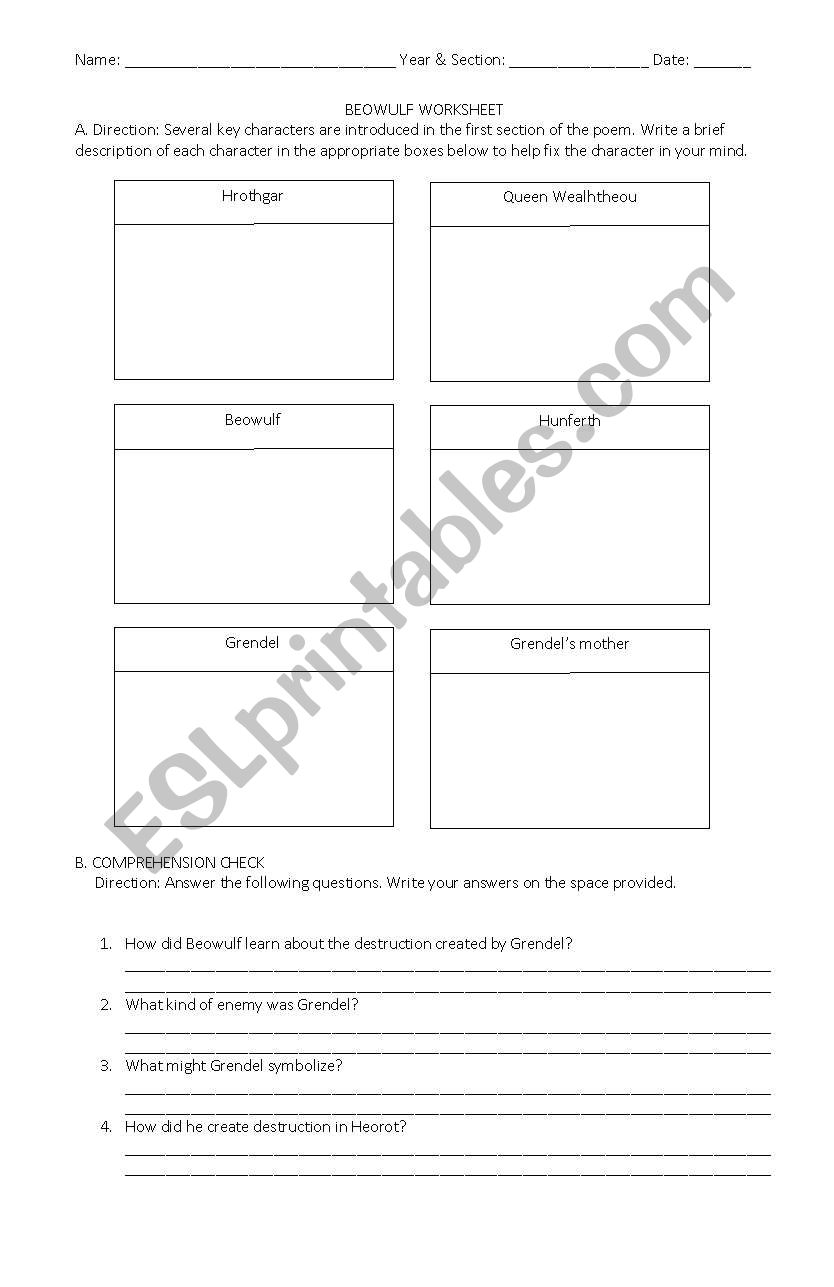 Beowulf worksheet