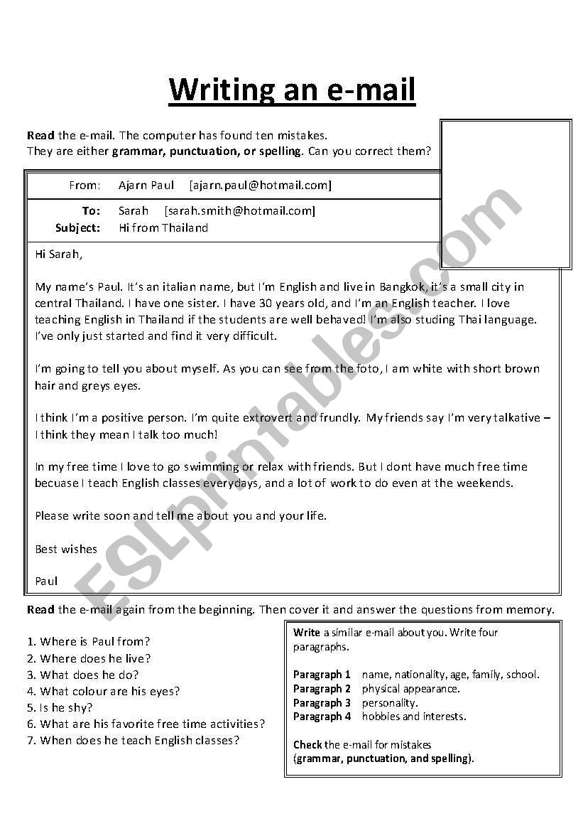 Email Writing - ESL worksheet by Ajarnpaul