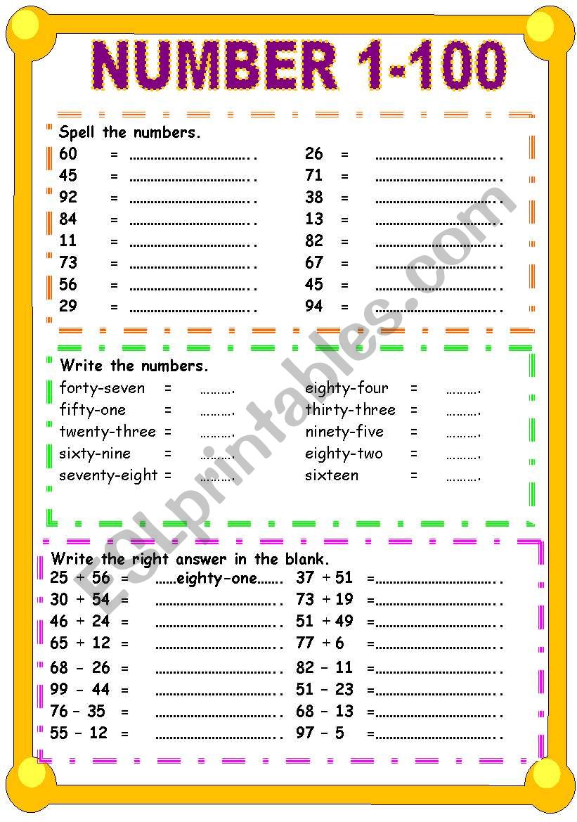 Esl Worksheet Numbers 1 100