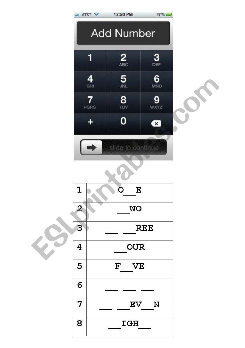 PHONE DIGITS OHT worksheet