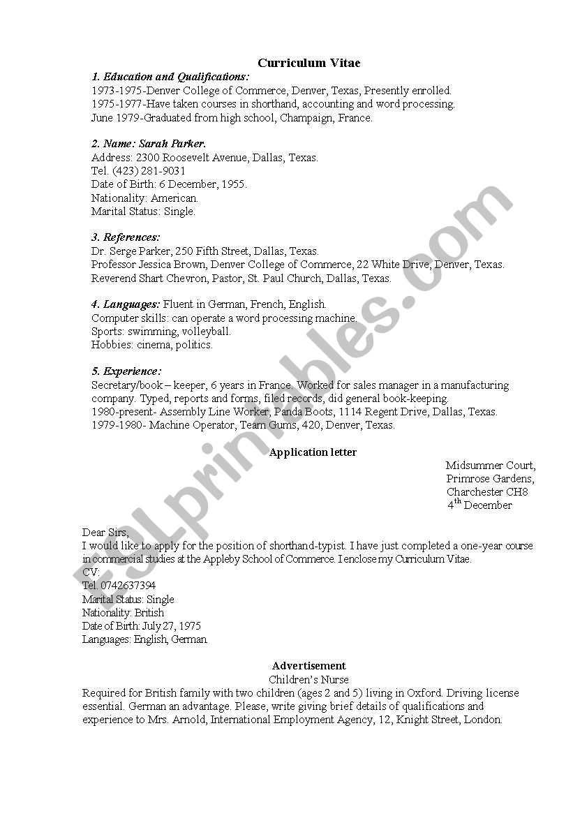 Curriculum Vitae worksheet