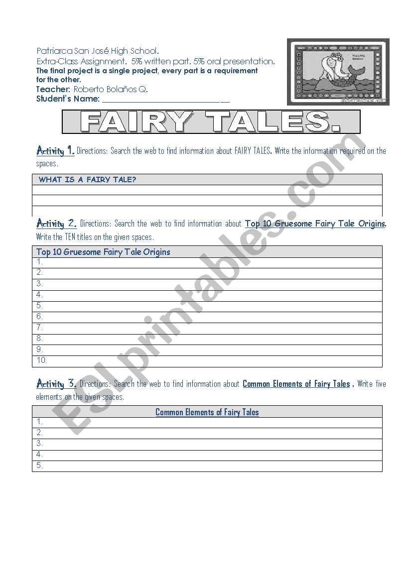 web search, fairy tales.  worksheet
