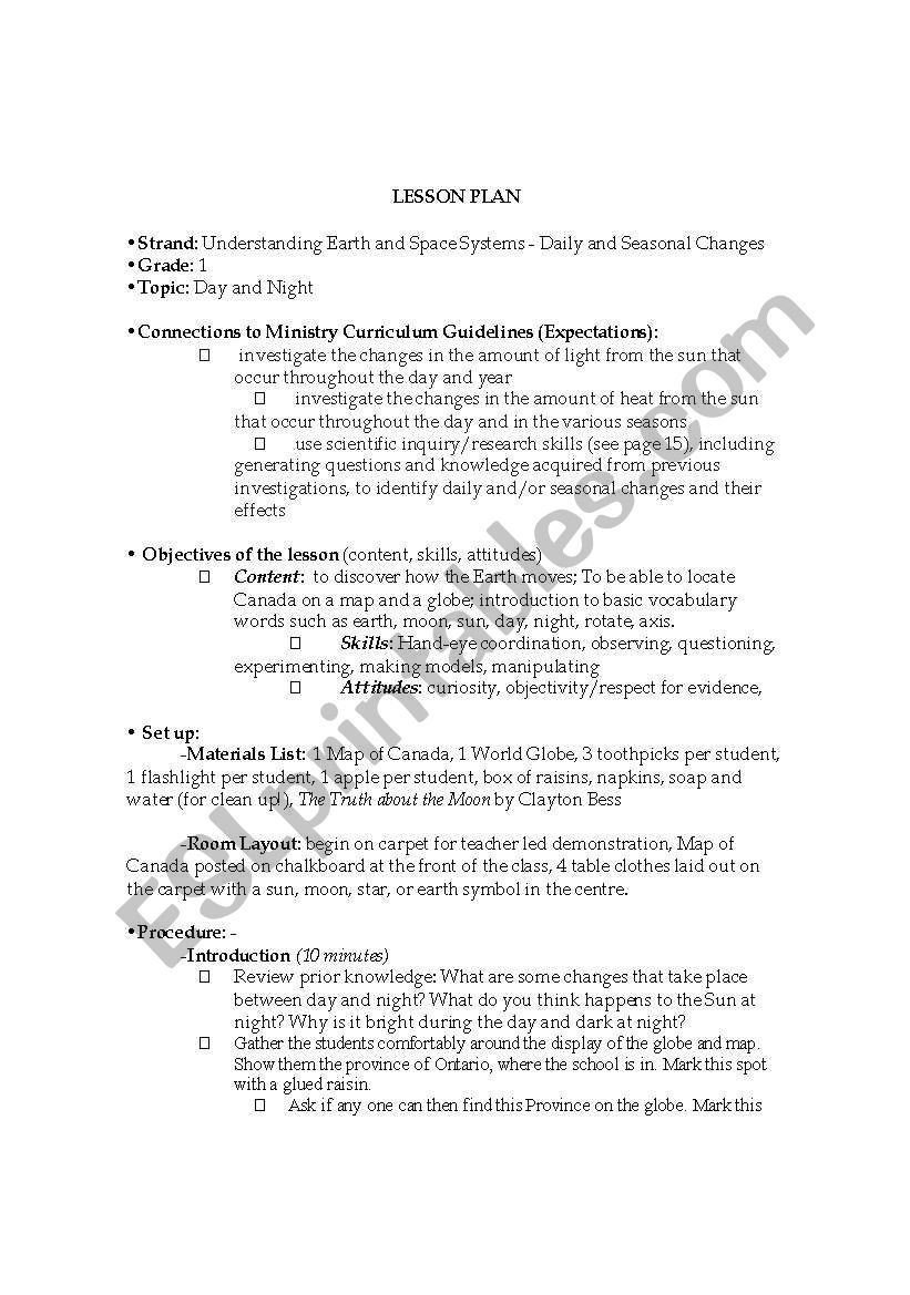 Day & Night Lesson Plan worksheet