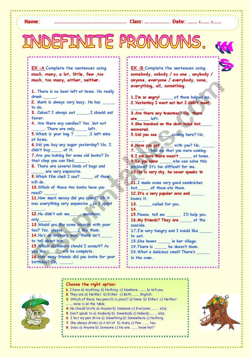 INDEFINITE PRONOUNS   WS. worksheet