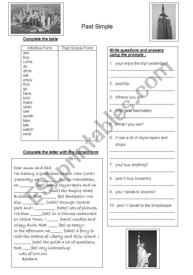 past simple and New York city worksheet