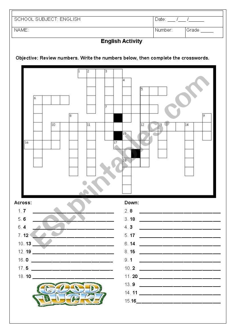 Numbers crosswords worksheet