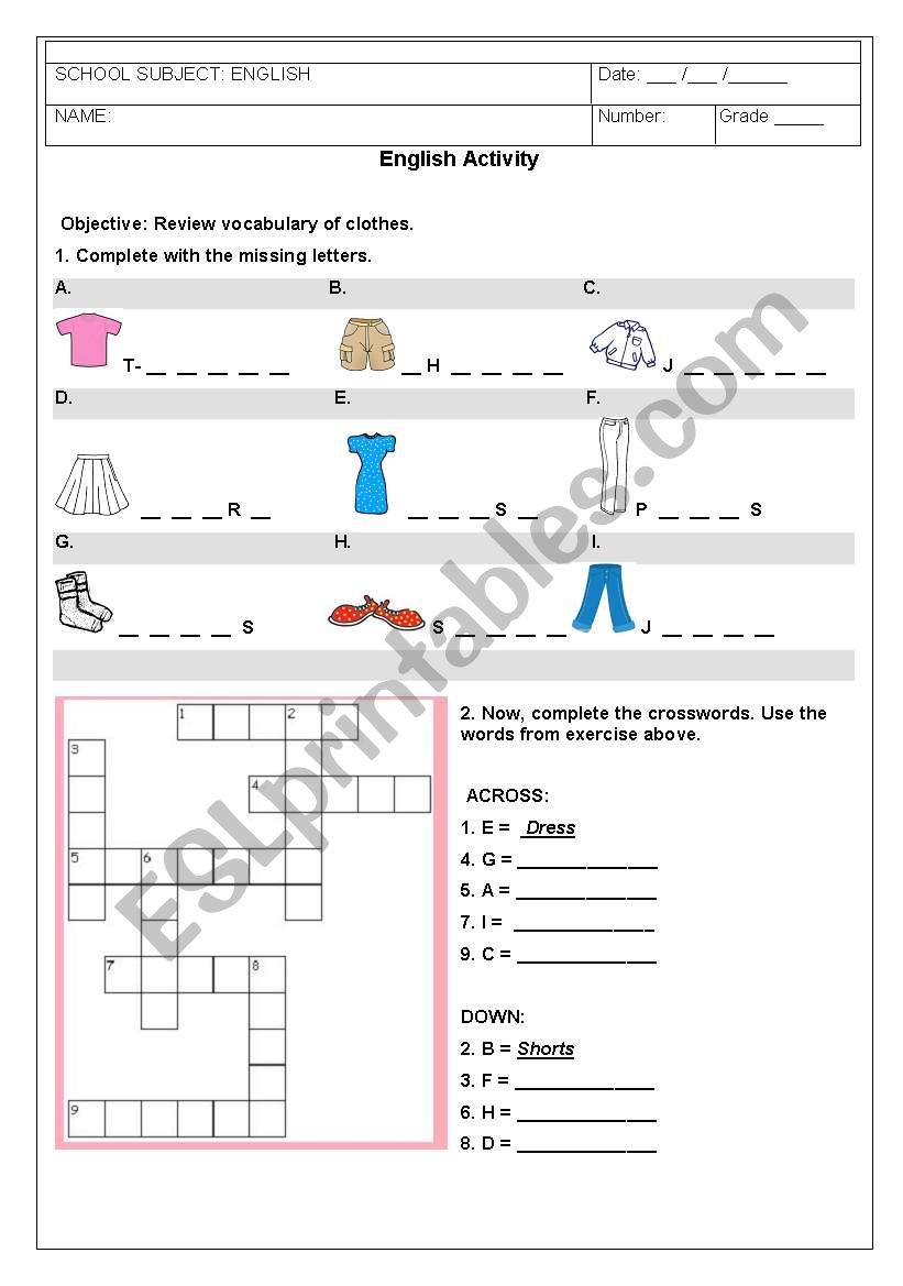 Clothes worksheet