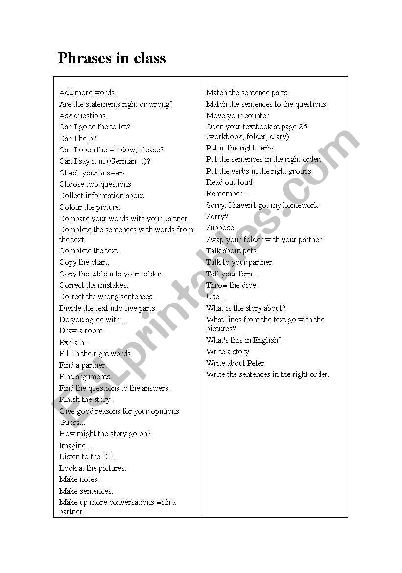 phrases in class worksheet