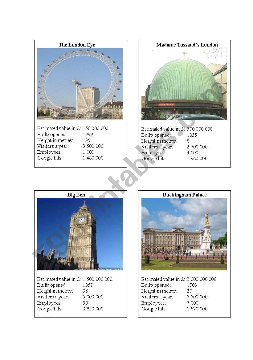 London Sights Card Game worksheet