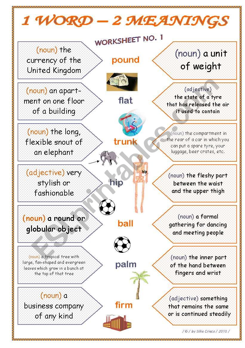 1 WORD  2 MEANINGS (HOMONYMS)  WORKSHEET NO. 1  ANSWER KEY INCLUDED  FULLY EDITABLE  GOOD FOR ADULTS, TOO!! 