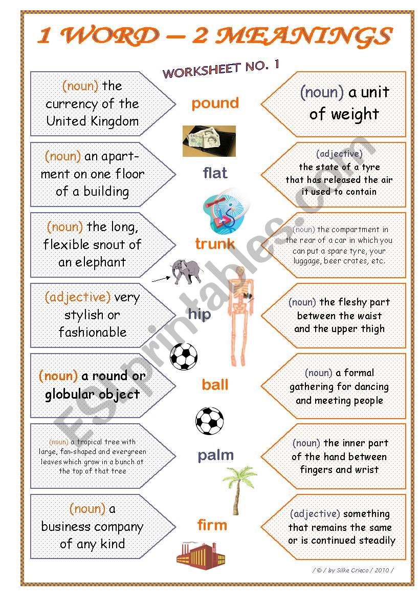 1 WORD â€“ 2 MEANINGS (HOMONYMS) â€¢ WORKSHEET NO. 1 â€¢ ANSWER KEY INCLUDED â€¢ FULLY EDITABLE â€¢ GOOD FOR ADULTS, TOO!! 