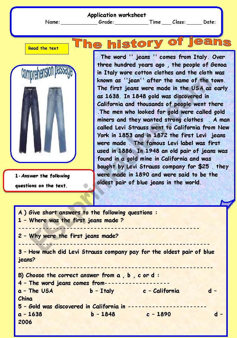 The history of jeans  worksheet