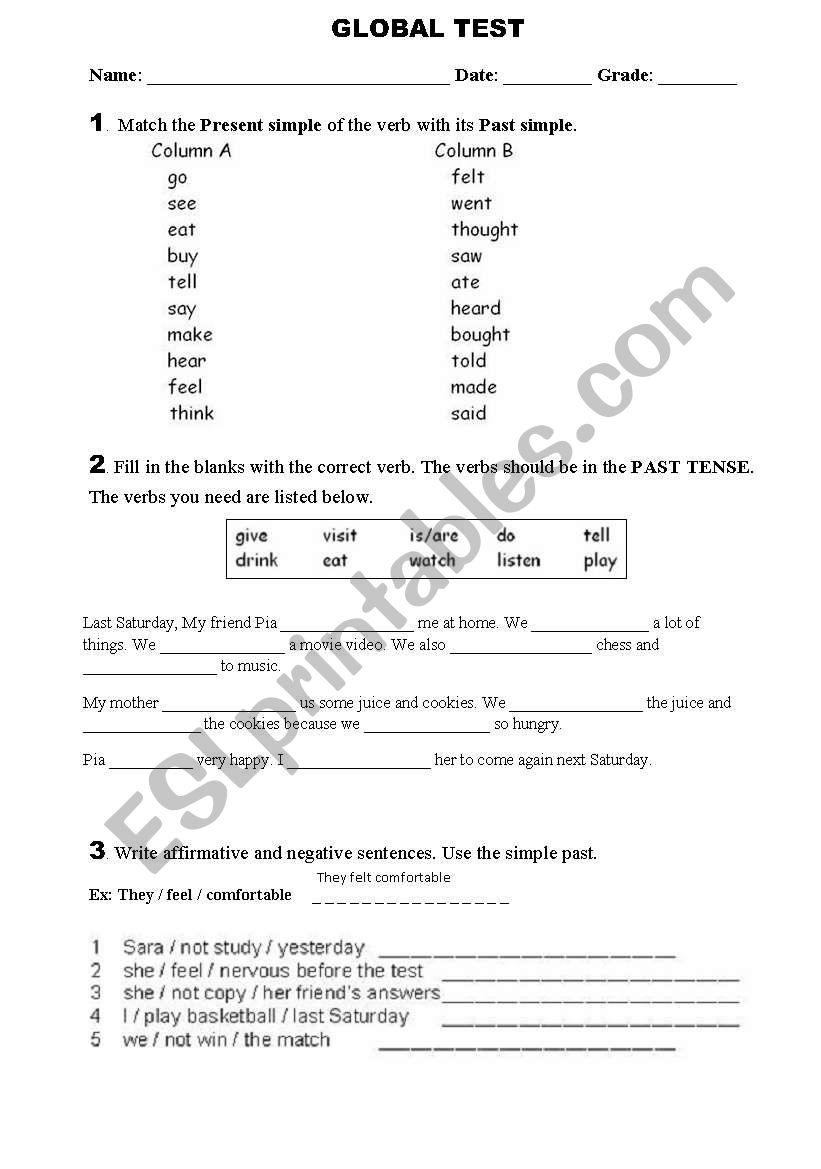 Past simple Global Test worksheet