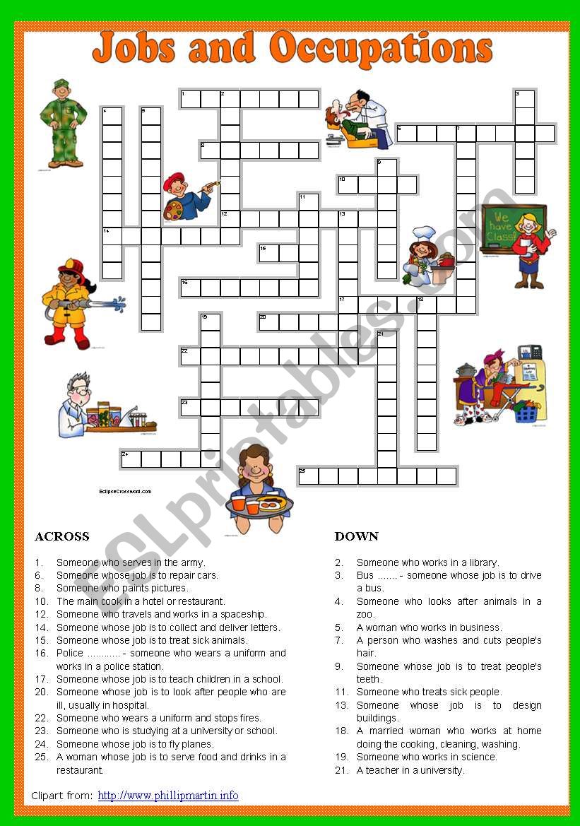 Jobs and Occupations Crossword 5/5. Key included.