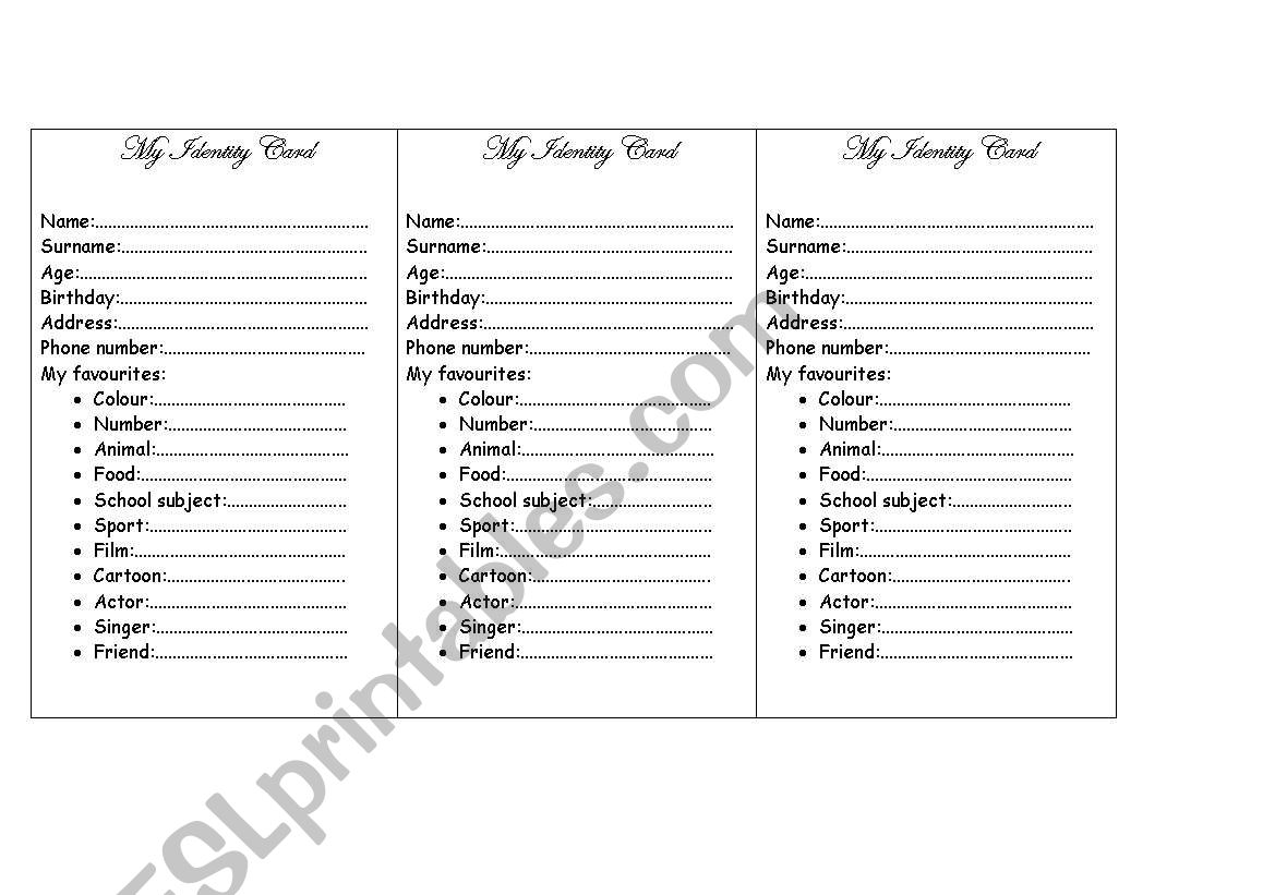 MY IDENTITY CARD worksheet