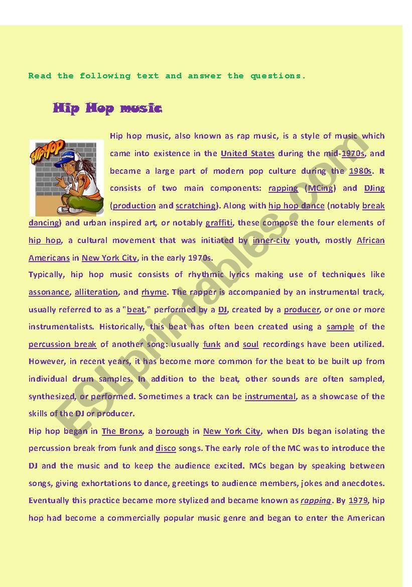 HIP HOP MUSIC worksheet