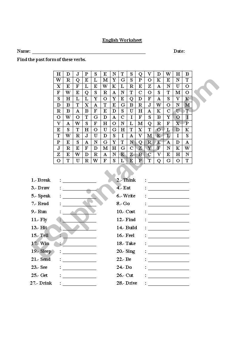 Past Simple Wordsearch worksheet