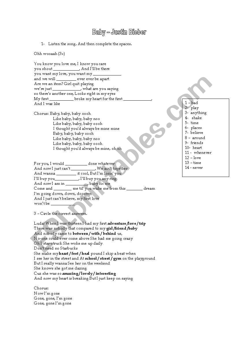 Baby baby - Justin Bieber worksheet