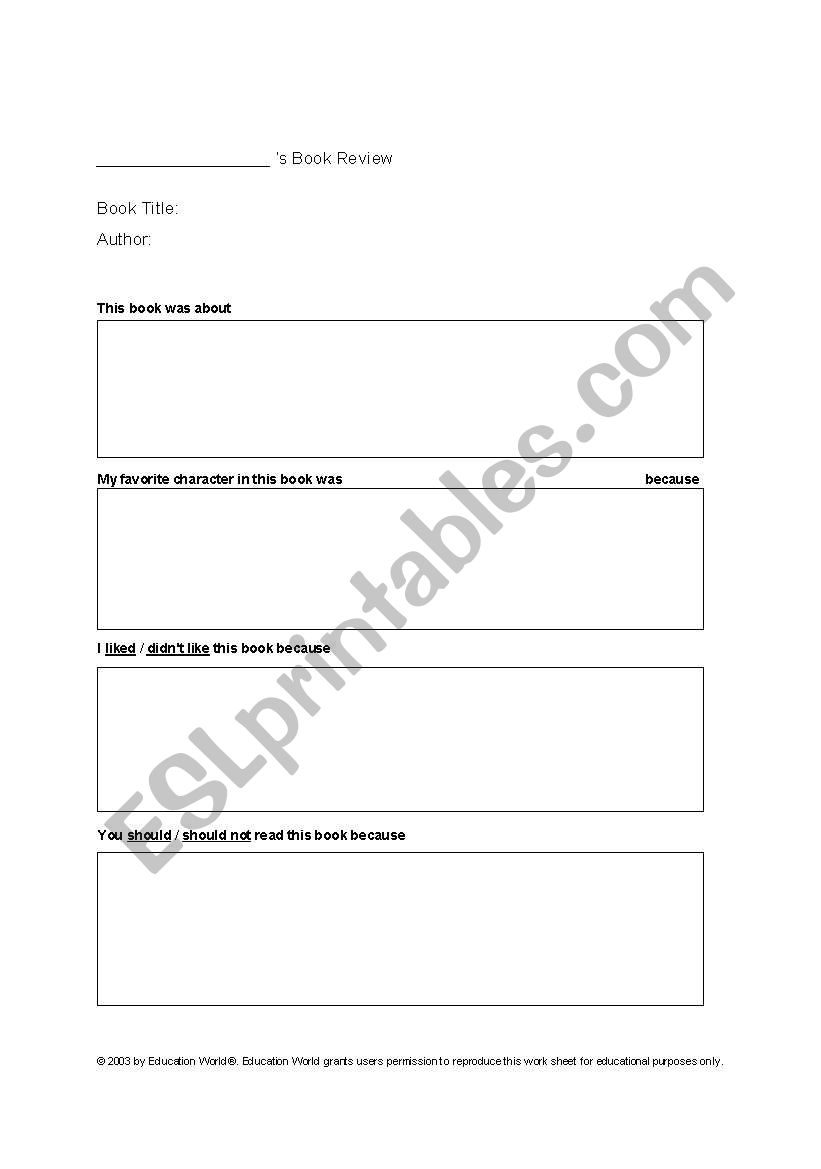 Elementary Book Review worksheet