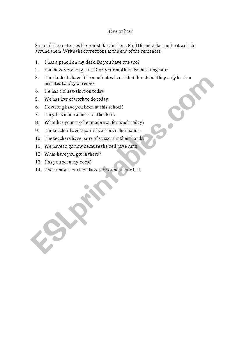 Have or Has? worksheet
