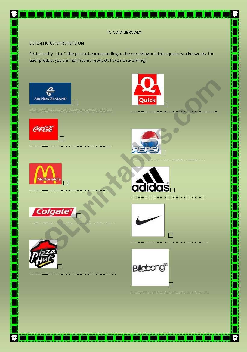 TV COMMERCIAL RECORDINGS worksheet