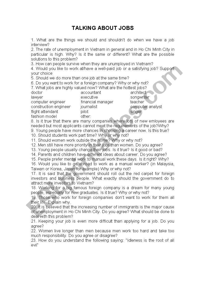 jobs worksheet